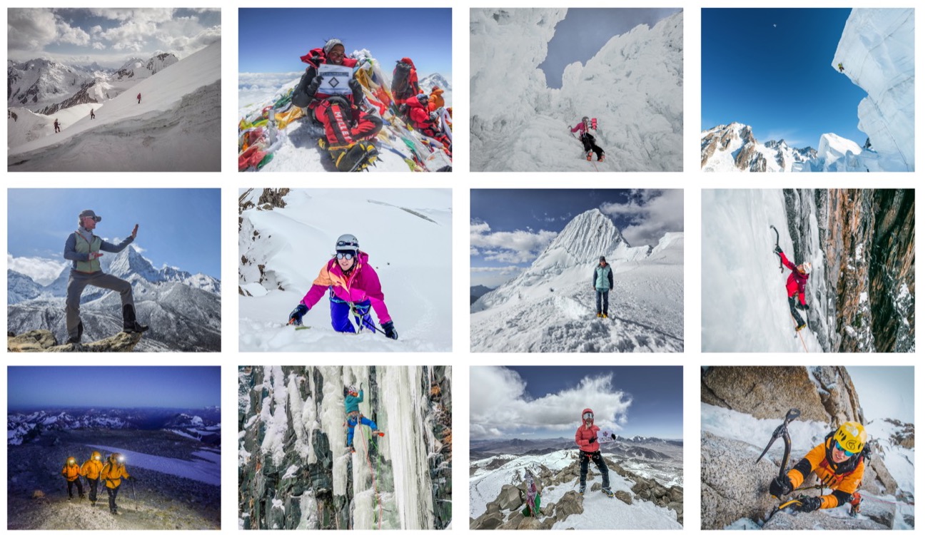 Twelve photographs from the 2027 Women of Mountaineering calendar — women climbing, guiding, and summiting around the world
